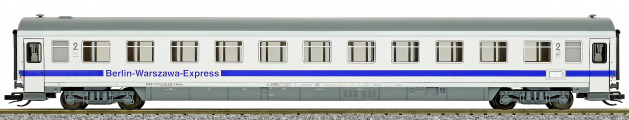 rychlíkový vůz bílý s modrým pásem a šedou střechou 2. tř. „Berlin-Warszawa-Express“, typ Bdmnu