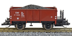 otevřený nákladní vůz červenohnědý s brzdařskou plošinou ložený uhlím, typ Ur