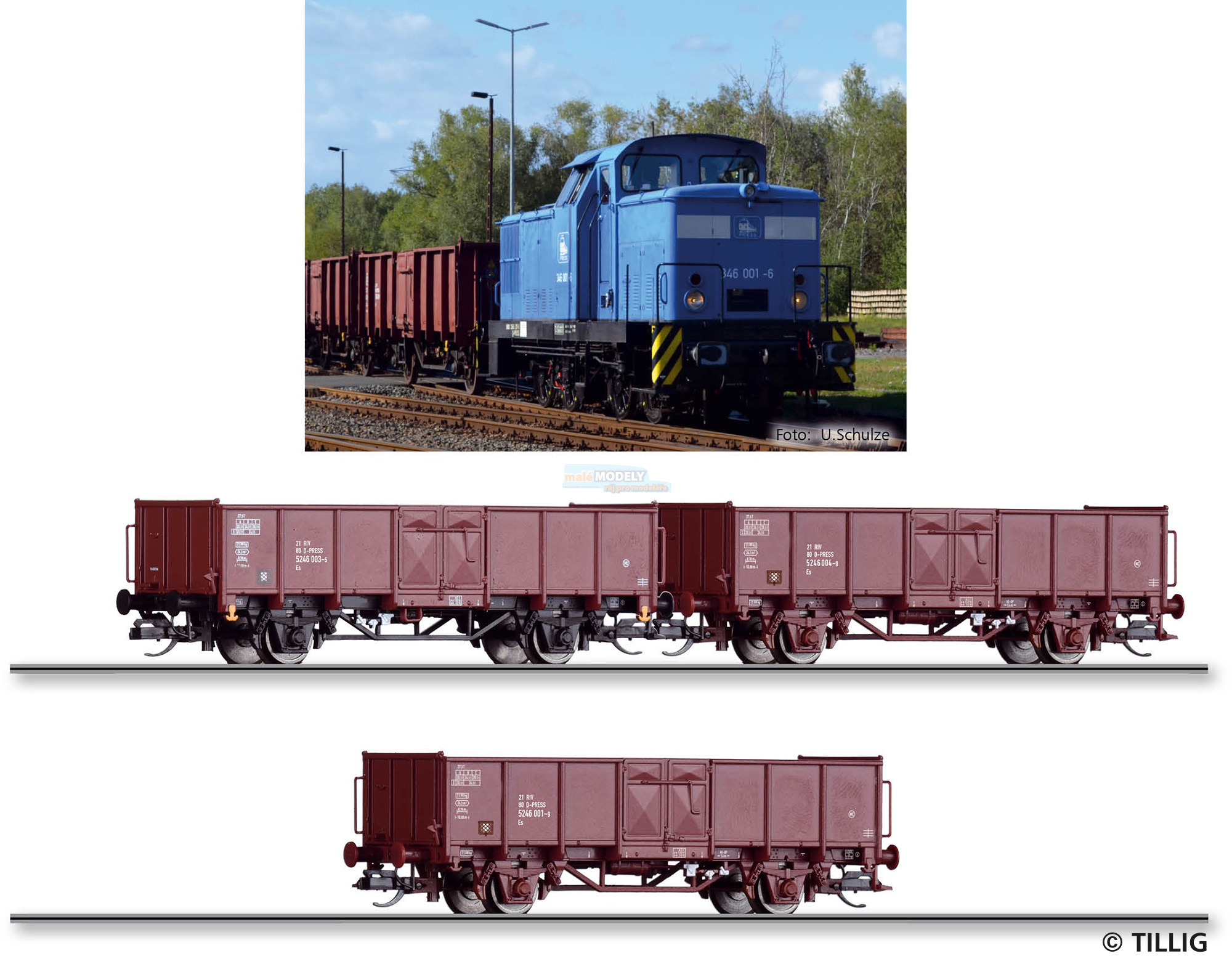 Set dieselové lokomotivy BR 346 a tří otevřených nákladních vozů Es - PRESS, (31.03.2024)