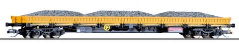 nízkostěnný nákladní vůz žlutý do pracovního vlaku s nákladem štěrku, typ Res