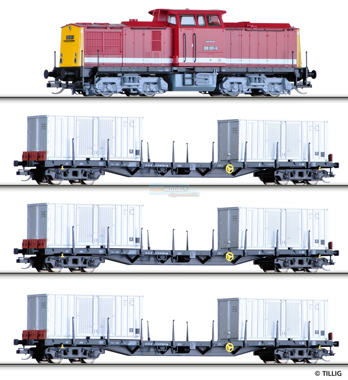 Set nákladního vlaku - dieselová lokomotiva 108 001-9 a tři plošinové vozy s kontejnery 20'  - (31.03.2015)