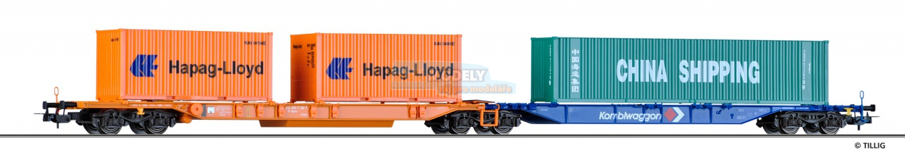 Set dvou plošinových vozů Sdggmrs 744 Kombi s kontainery Hapag Lloyd a kontainery China Shipping