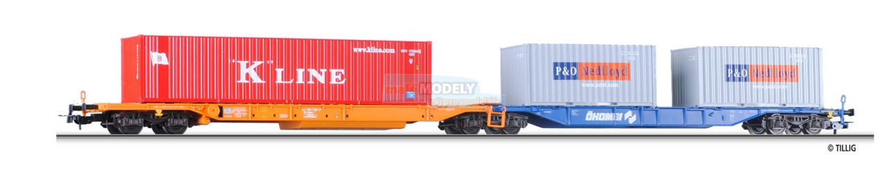 Doppeltragwagen Sdggmrs Ökombi der ÖBB beladen mit zwei 20 Containern P&O Nedlloyd und einem 40 Container K Line, Ep. V