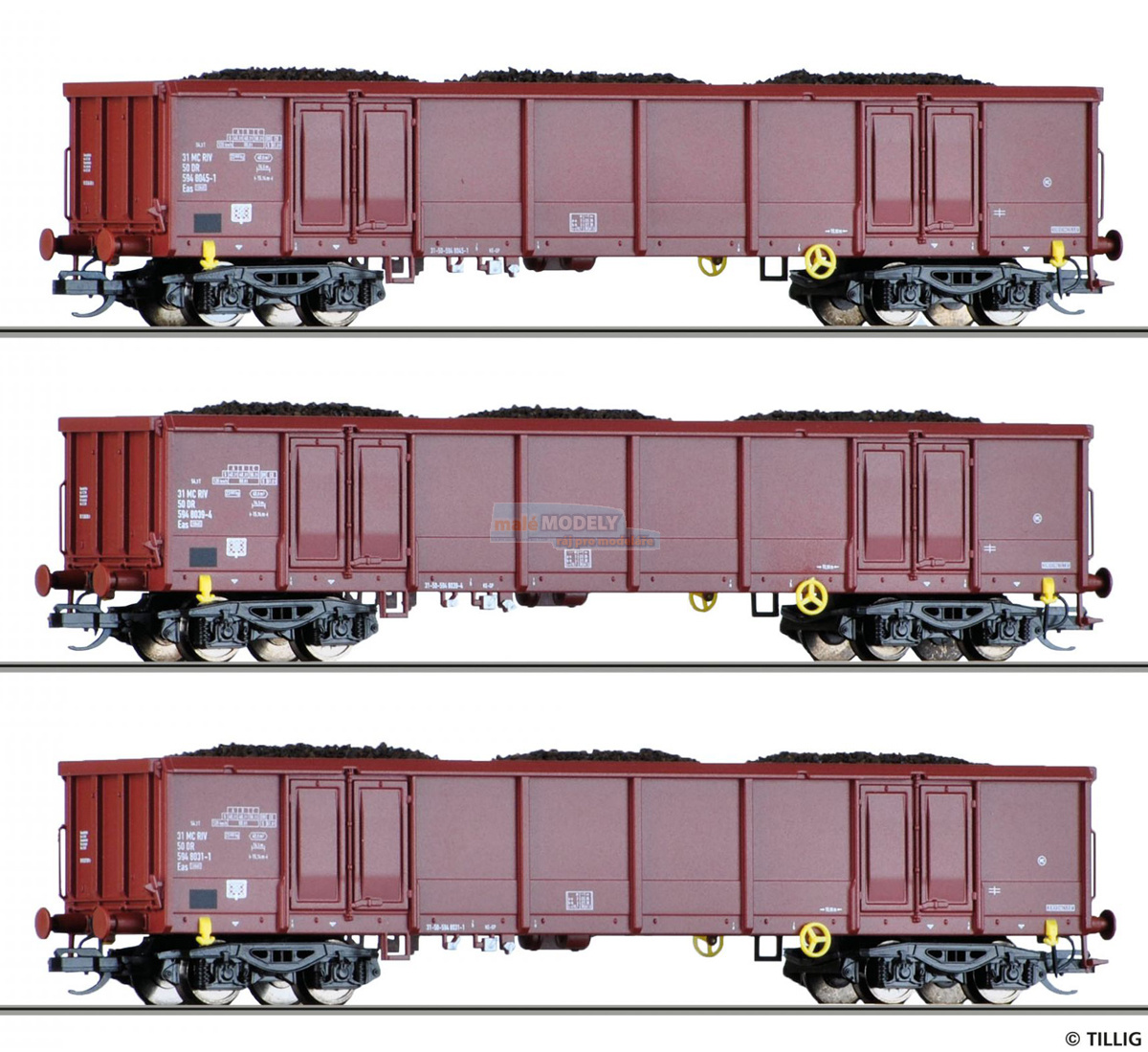 Set 3 otevřených nákladních vozů Eas 5948 s nákladem uhlí
