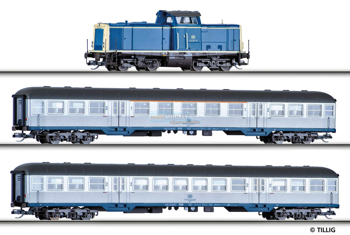 Start set - dieselová lokomotiva BR 212 a 2 osobní vozy + koleje + regulátor
