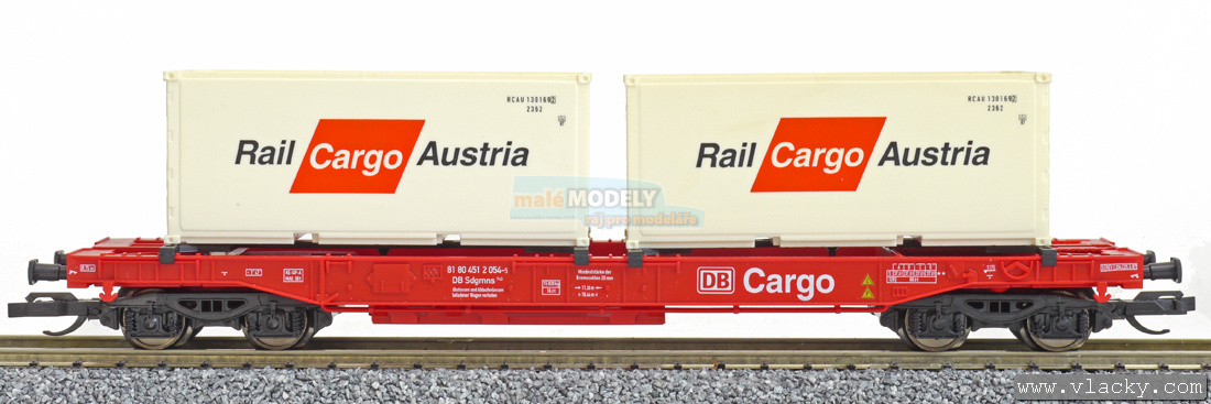 Nákladní vůz s výměnnými pryčnami a se dvěma kontejnery 20 Rail Cargo Austria