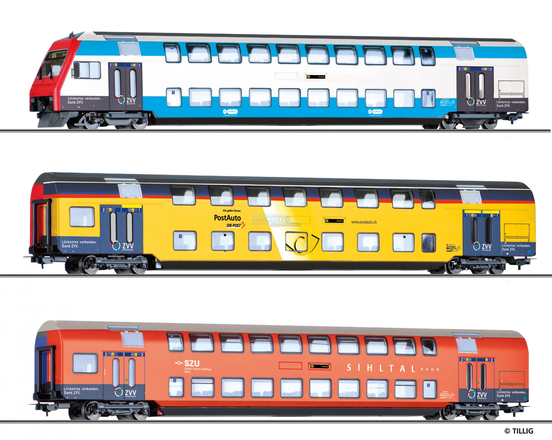 Doppelstockwagenset „Verbundzug S-Bahn Zürich“ der SBB, bestehend aus einem Steuerwagen Bt, einem 1./2. Klasse-Wagen AB und eine