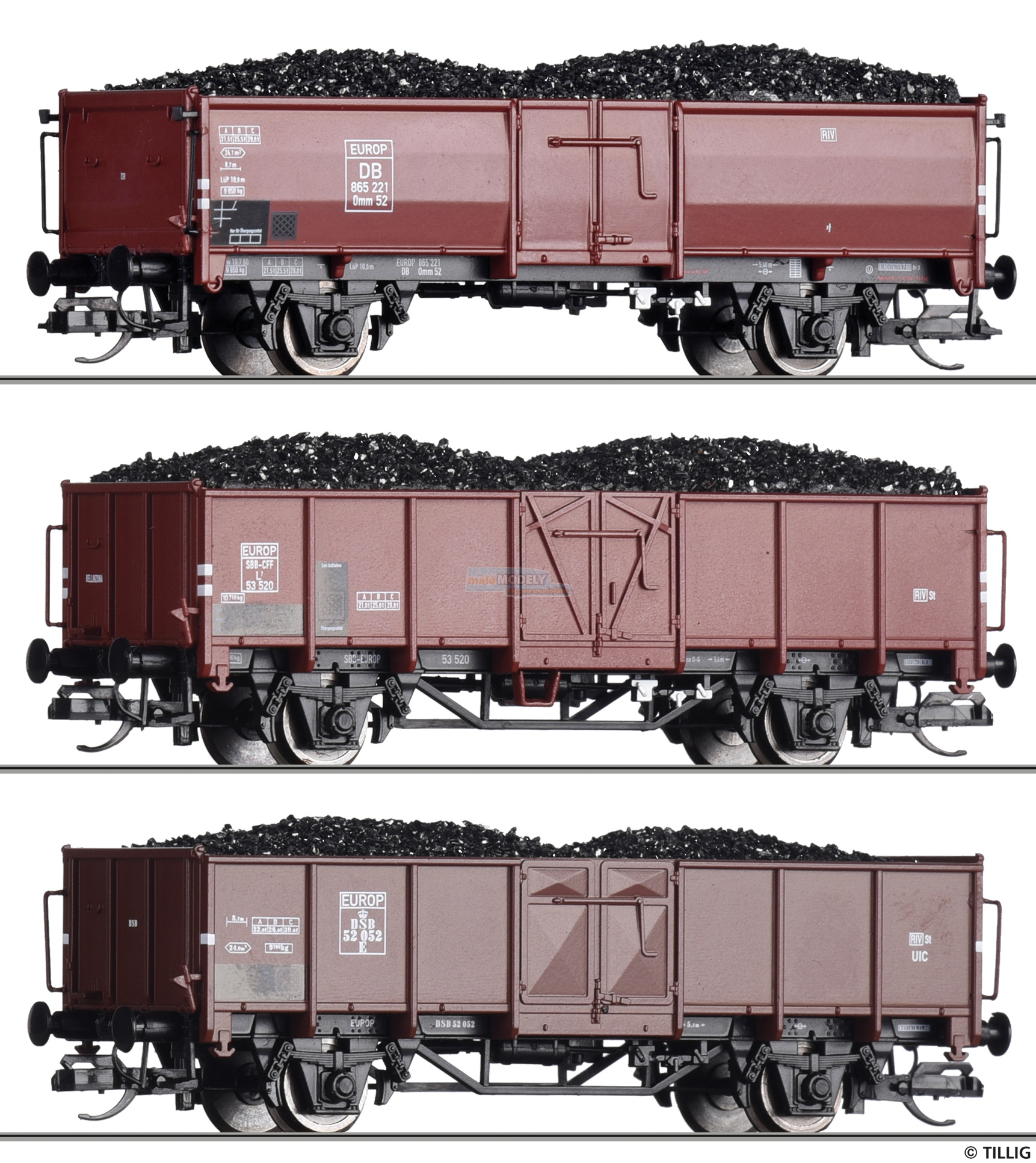 Güterwagenset der DB, SBB und DSB, bestehend aus 3 EUROP, beladen mit Steinkohle, Ep. III -FORMNEUHEIT-