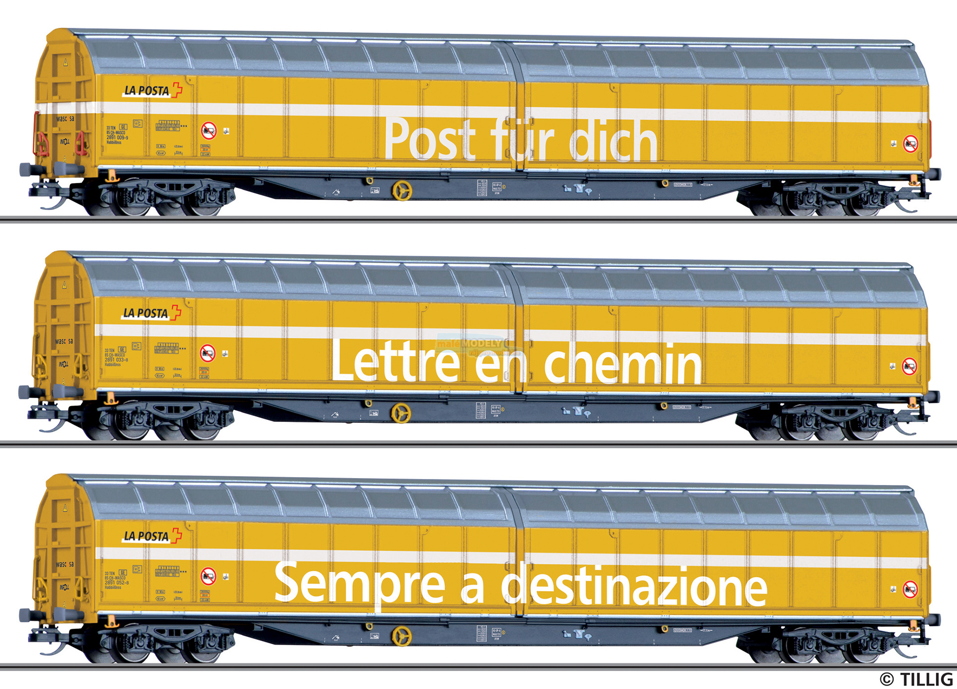 Güterwagenset der Schweizer Post, bestehend aus drei Schiebewandwagen Habbiillnss, Ep. VI
