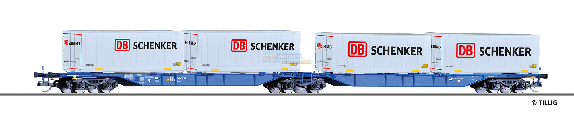 Doppeltragwagen Sggmrs 714 der DB AG, beladen mit vier Wechselbehältern DB Schenker, Ep. VI