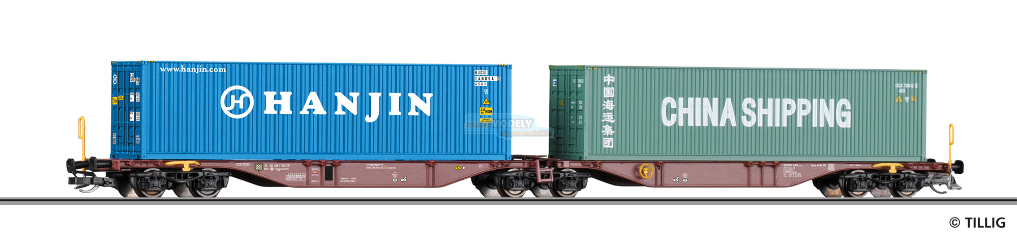 Containertragwagen Sggmrss der SNCB, beladen mit zwei 40‘-Containern, Ep. V