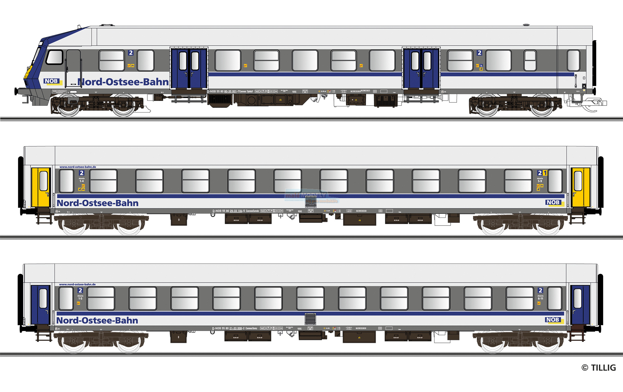 Set 3 osobních vozů „Nord-Ostsee-Bahn“, sestavený z 1 vozu řídícího, 1 vozu osobního 1./2. tř. a 1 vozu 2. tř., (31.03.2024)