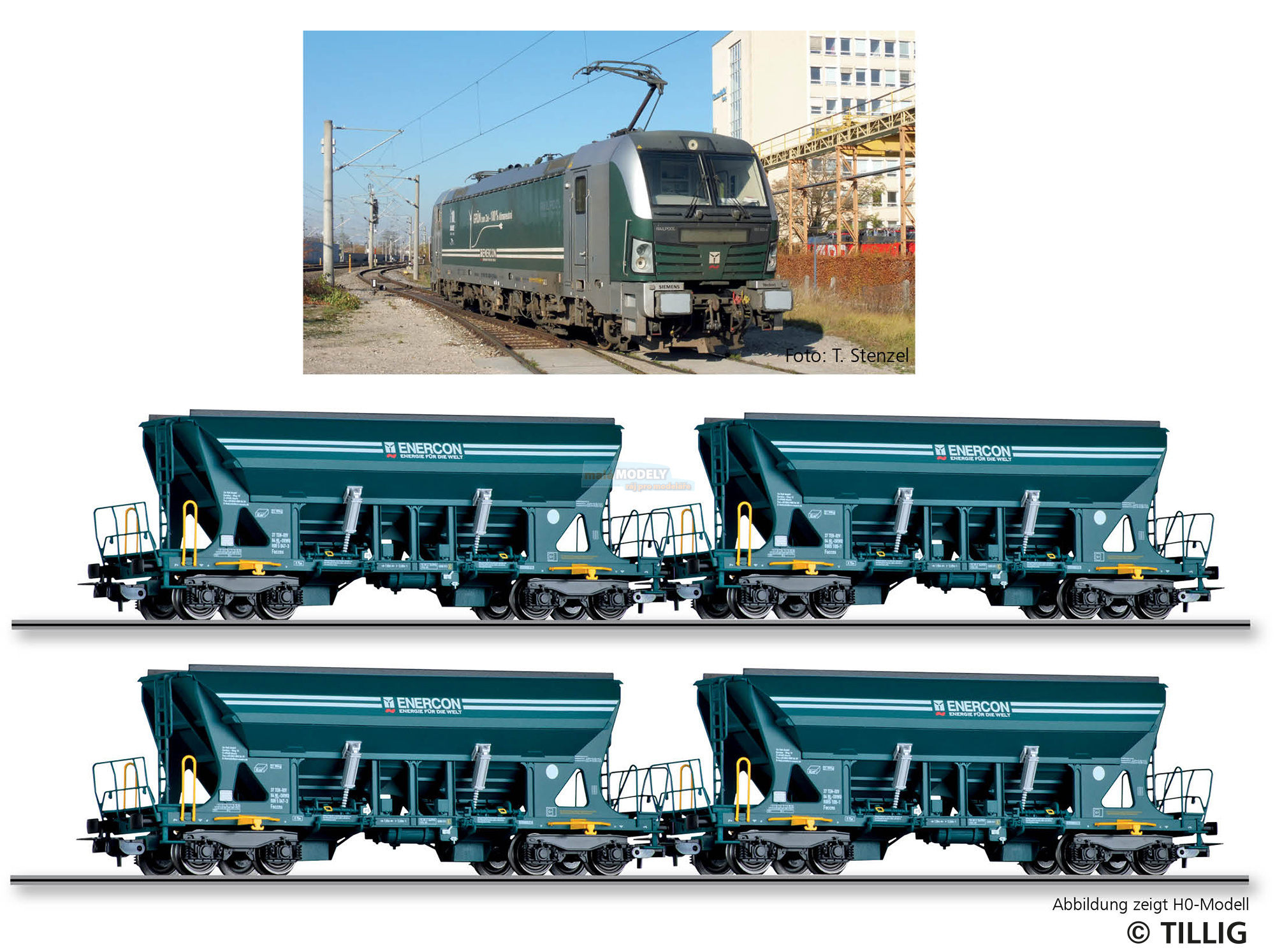 Güterzugset Sandtransport der Enercon GmbH, bestehend aus einer Elektrolokomotive BR 193 und vier Selbstentladewagen Faccns,-